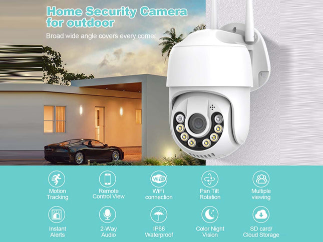 White dome security camera with a wide-angle lens and multiple LED lights, shown mounted on a wall next to a house background with feature icons along the bottom.