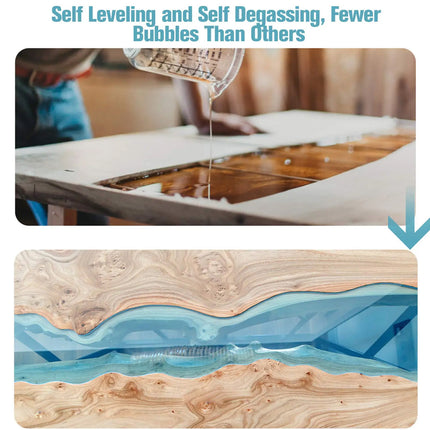 Wooden surface with liquid being poured, showing a cross-section of layers below.