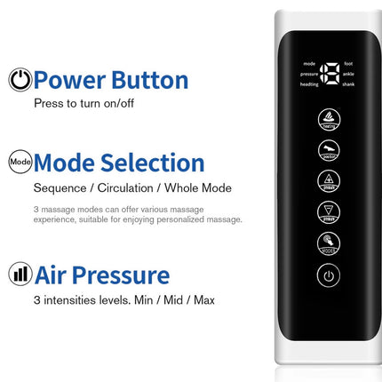 Control panel with power button, mode selection, and air pressure settings on a white background