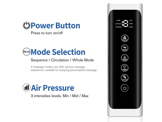 Control panel with power button, mode selection, and air pressure settings on a white background