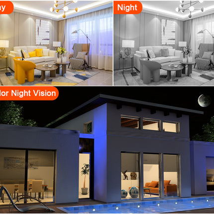 Comparison of a living room during day, night, and color night vision.