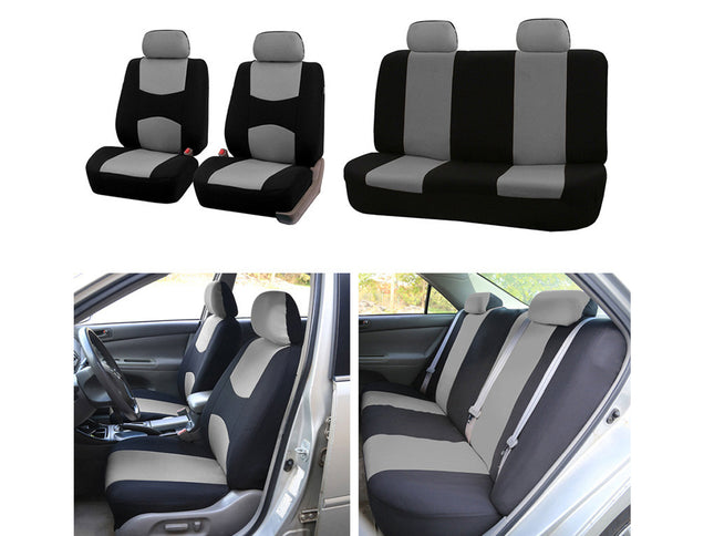 Car Seat Covers Full Set - Universal 5-Seater Fit - Polyester | Black/Grey | 3-Layer Washable | Spill & Pet Protection | 5 Headrests