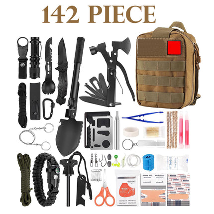 A 142-piece survival and emergency preparedness kit laid out on a white background next to a tan MOLLE pouch. The kit contains various black tactical tools, a shovel, knife, axe, gloves, rope, first aid items, and other survival gear, with the text '142 PIECE' at the top.