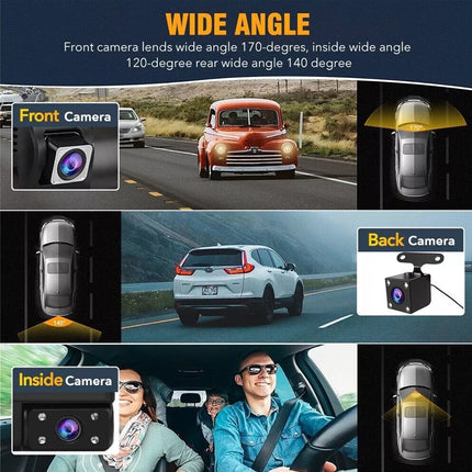 Car camera system with front, back, and inside cameras on a scenic road background.