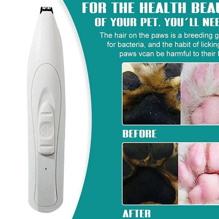Pet paw cleaning tool with before and after images on a green background