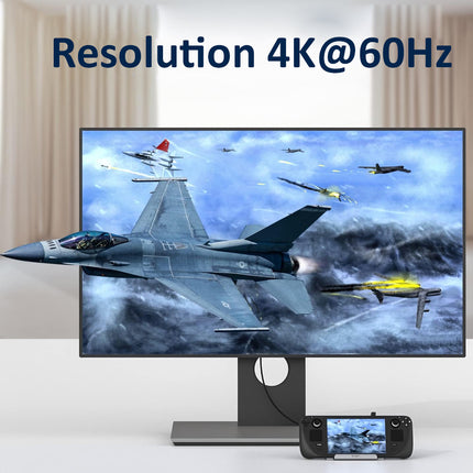A large monitor displaying a 4K game scene with fighter jets, with the text 'Resolution 4K@60Hz' above it and a handheld game controller in front on a light gray surface.