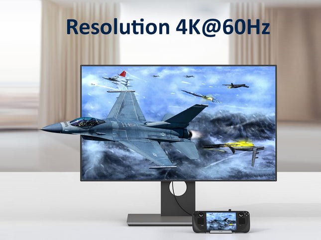 A large monitor displaying a 4K game scene with fighter jets, with the text 'Resolution 4K@60Hz' above it and a handheld game controller in front on a light gray surface.