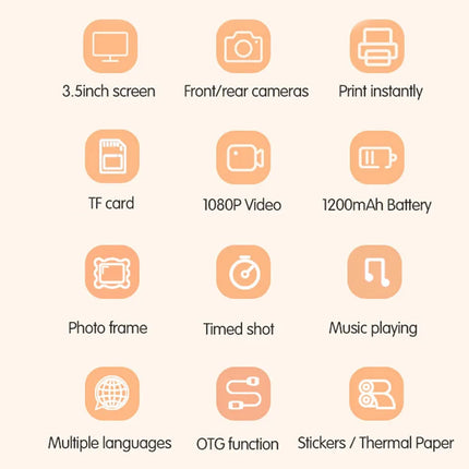 A feature comparison chart showing 12 orange icons with text labels on a light peach background, including 3.5inch screen, front/rear cameras, print instantly, TF card, 1080P Video, 1200mAh Battery, photo frame, timed shot, music playing, multiple languages, OTG function, and stickers/thermal paper.