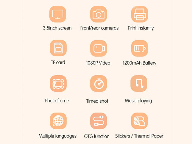 A feature comparison chart showing 12 orange icons with text labels on a light peach background, including 3.5inch screen, front/rear cameras, print instantly, TF card, 1080P Video, 1200mAh Battery, photo frame, timed shot, music playing, multiple languages, OTG function, and stickers/thermal paper.