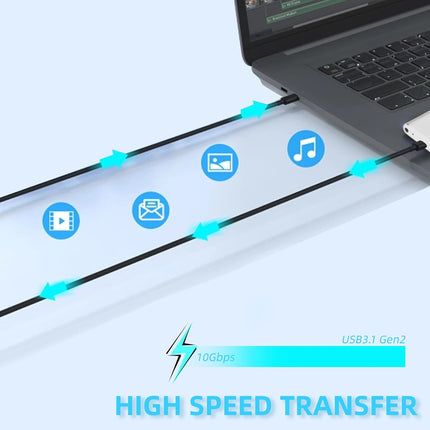 Laptop with USB cable showing high-speed transfer capabilities on a light blue background