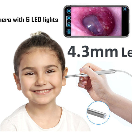 A pediatric ear exam tool shown on a white background, featuring a young girl, a hand holding the silver metal probe, a circular inset of the probe tip, a smartphone screen displaying an endoscopic view, and text reading 'HD camera with 6 LED lights' and '4.3mm Lens'.