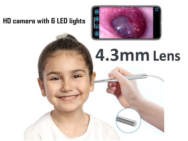 A pediatric ear exam tool shown on a white background, featuring a young girl, a hand holding the silver metal probe, a circular inset of the probe tip, a smartphone screen displaying an endoscopic view, and text reading 'HD camera with 6 LED lights' and '4.3mm Lens'.