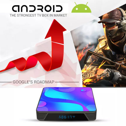Android TV streaming box with a colorful blue and purple display, shown below a promotional graphic featuring the Android logo, a red upward arrow, and a soldier on a screen.