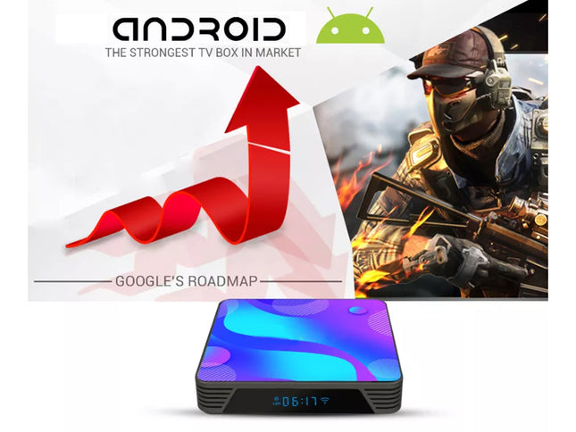 Android TV streaming box with a colorful blue and purple display, shown below a promotional graphic featuring the Android logo, a red upward arrow, and a soldier on a screen.
