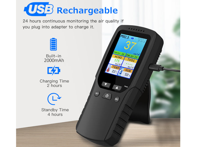 Air quality monitor with digital display on a wooden surface, featuring text about USB rechargeability and specifications.