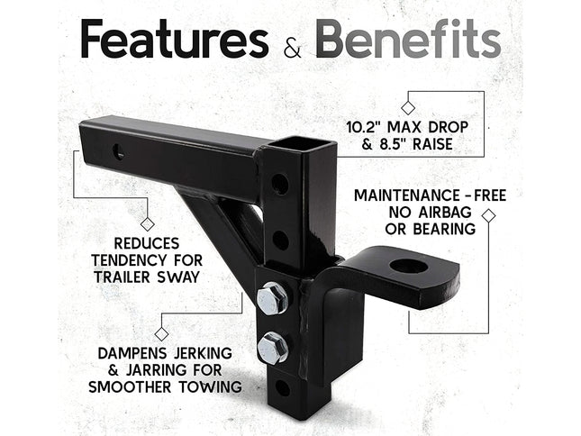Black hitch receiver with features and benefits listed on a white background