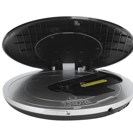 A compact disc player with its lid open, showing the interior tray and a disc inside, photographed on a plain white background.