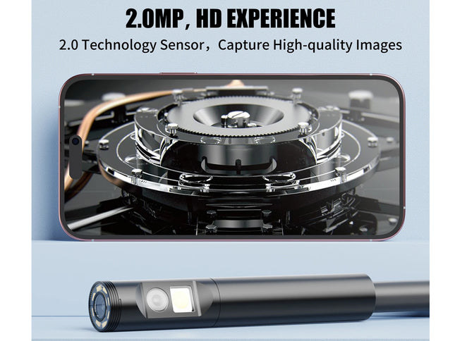 A black flexible endoscope camera shown horizontally below marketing text that reads '2.0MP, HD EXPERIENCE' and '2.