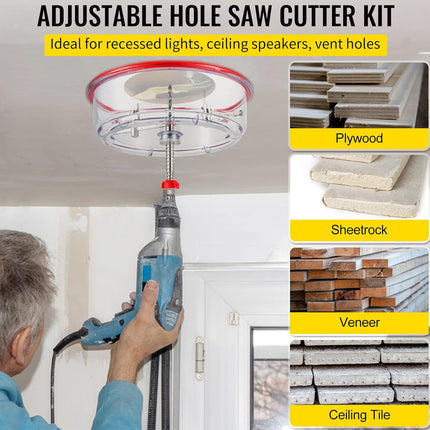Adjustable hole saw cutter kit with a person using it to cut through various materials.