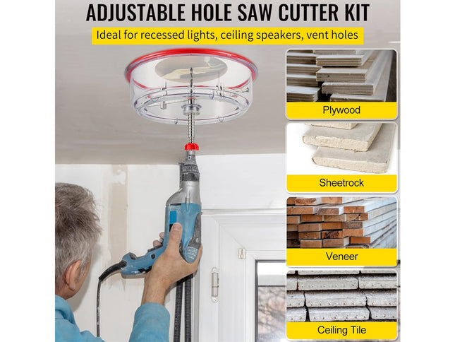 Adjustable hole saw cutter kit with a person using it to cut through various materials.