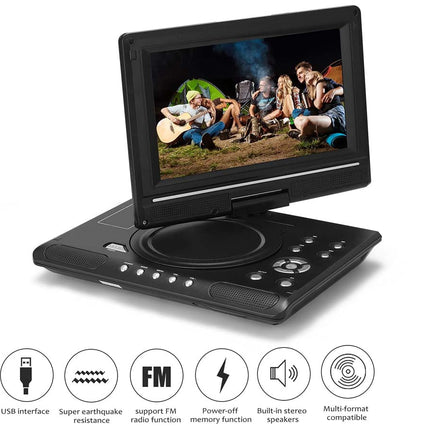 Portable DVD player with a screen displaying a group of people, surrounded by icons and text on a white background.