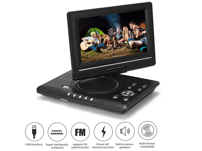 Portable DVD player with a screen displaying a group of people, surrounded by icons and text on a white background.