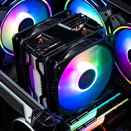 A black CPU cooler with a large RGB fan in the center, installed inside a computer case with additional illuminated fans visible around it.
