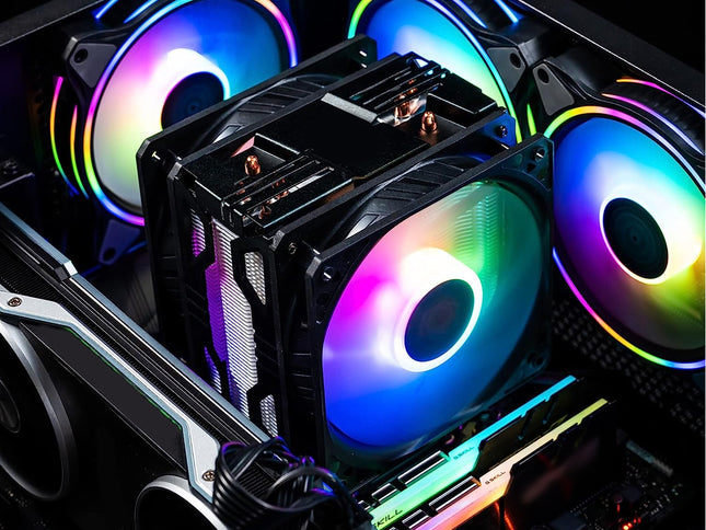 A black CPU cooler with a large RGB fan in the center, installed inside a computer case with additional illuminated fans visible around it.