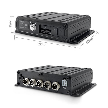 Two black electronic devices with labeled dimensions on a white background