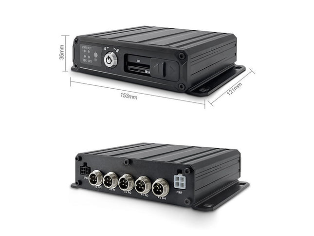 Two black electronic devices with labeled dimensions on a white background