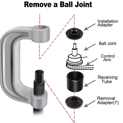 Diagram showing how to remove a ball joint with labeled parts on a white background