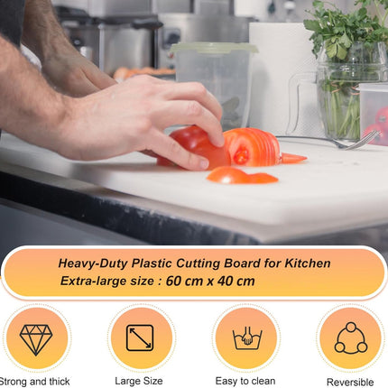 Person using a heavy-duty plastic cutting board in a kitchen with text highlighting features.