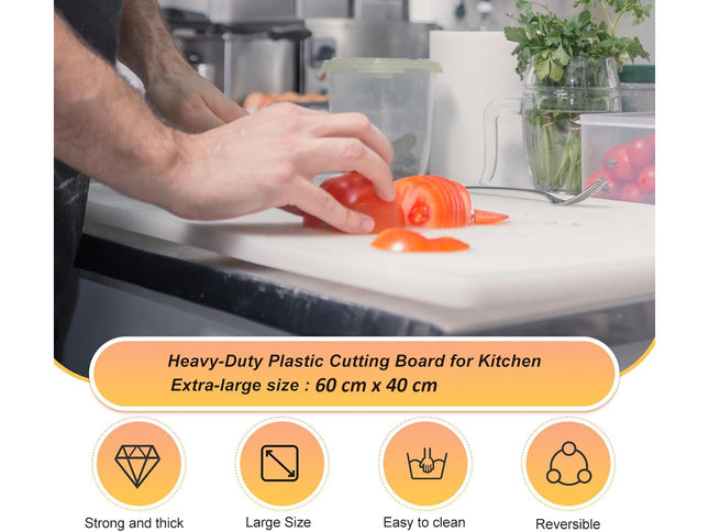 Person using a heavy-duty plastic cutting board in a kitchen with text highlighting features.