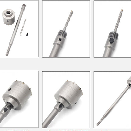 Set of drill bits and related components on a white background
