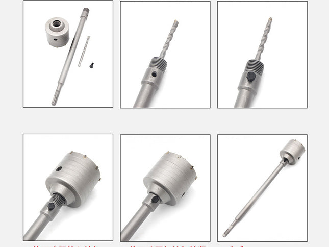 Set of drill bits and related components on a white background