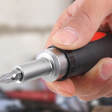 Hand holding a screwdriver with a close-up of the tool