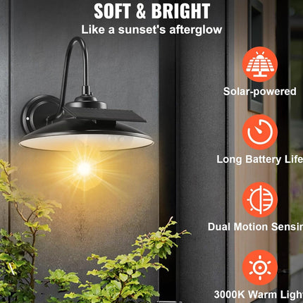 Black outdoor wall sconce with a solar panel shade, glowing with warm yellow light against a dark gray paneled wall, with text and icons highlighting solar-powered, long battery life, motion sensing, and warm light.