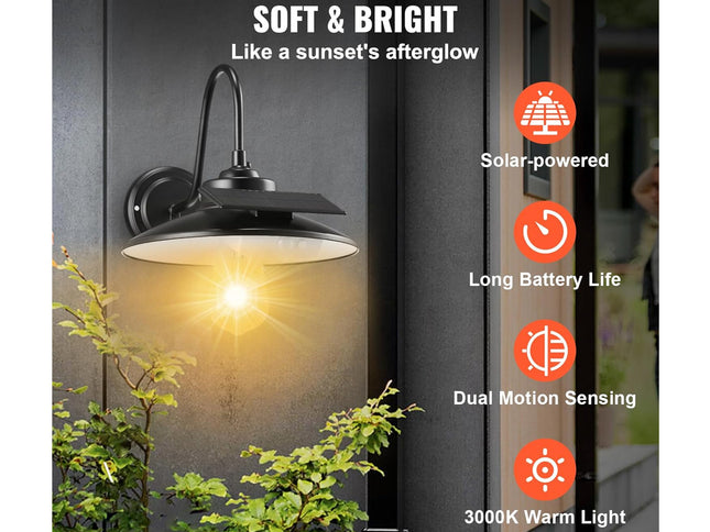Black outdoor wall sconce with a solar panel shade, glowing with warm yellow light against a dark gray paneled wall, with text and icons highlighting solar-powered, long battery life, motion sensing, and warm light.
