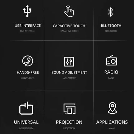 Set of icons representing various automotive features on a black background