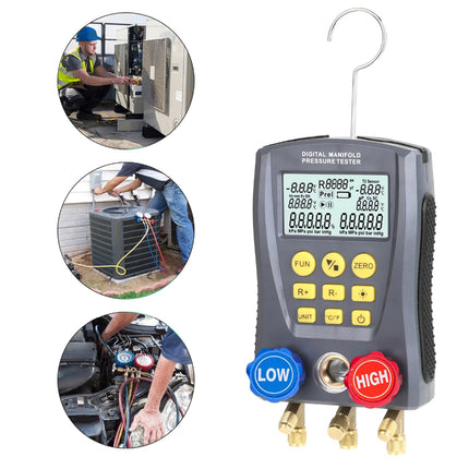 Digital manometer with hoses on a white background, surrounded by small images of people working on HVAC systems.