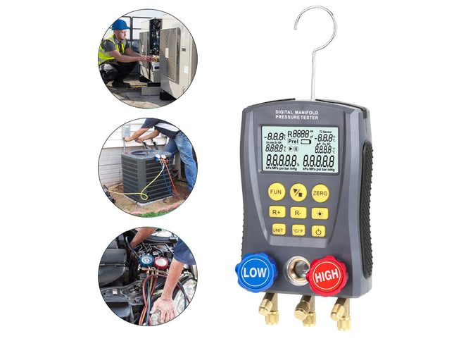 Digital manometer with hoses on a white background, surrounded by small images of people working on HVAC systems.