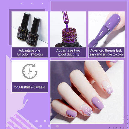 A purple promotional collage for nail polish. It shows two black nail polish bottles, a close-up of a glittery purple polish bottle opening, a hand applying purple polish, a clock icon with the text 'long lasts2-3 weeks', and a large photo of manicured hands with lavender and white glitter nail art.