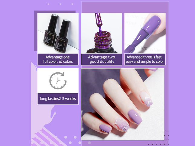 A purple promotional collage for nail polish. It shows two black nail polish bottles, a close-up of a glittery purple polish bottle opening, a hand applying purple polish, a clock icon with the text 'long lasts2-3 weeks', and a large photo of manicured hands with lavender and white glitter nail art.