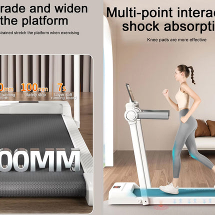 Treadmill with text highlighting platform width and shock absorption features, woman using treadmill in living room.