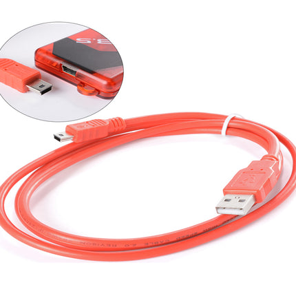 A bright red USB cable coiled on a white background, featuring a circular inset showing a close-up of the red USB connector plugged into a black and red device.