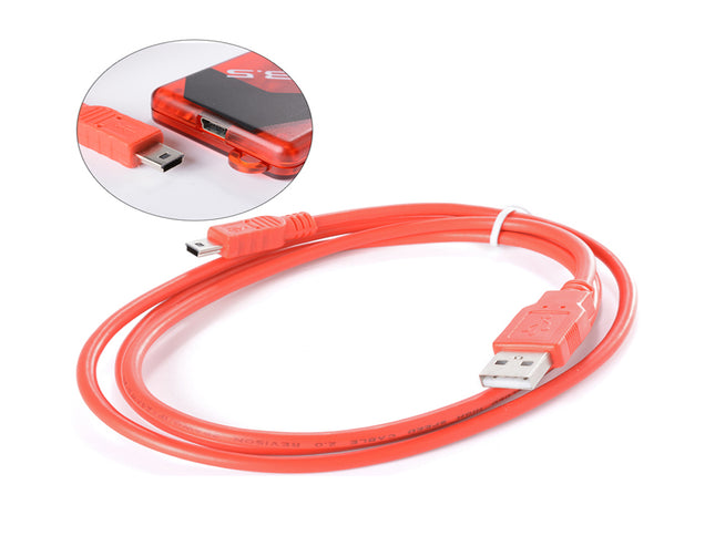 A bright red USB cable coiled on a white background, featuring a circular inset showing a close-up of the red USB connector plugged into a black and red device.