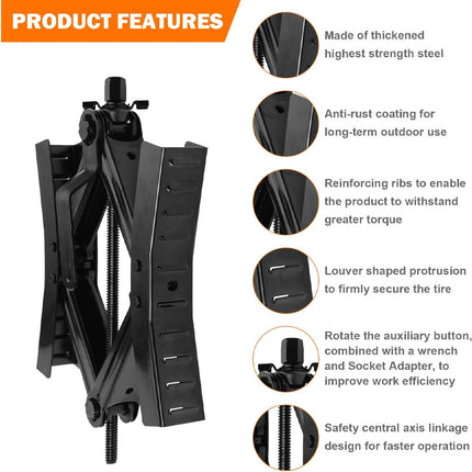 Black metal scissor jack with feature callouts on a white background, including text about thickened steel, anti-rust coating, reinforcing ribs, tire securing, rotation button with wrench adapter, and safety linkage.