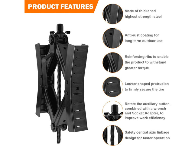 Black metal scissor jack with feature callouts on a white background, including text about thickened steel, anti-rust coating, reinforcing ribs, tire securing, rotation button with wrench adapter, and safety linkage.