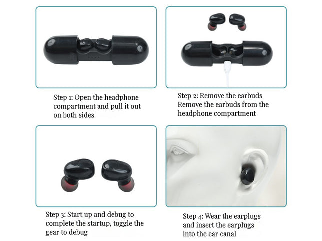 Instructions for using wireless earbuds with text and images.