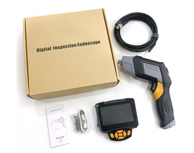 Digital inspection endoscope with packaging and accessories on a white background